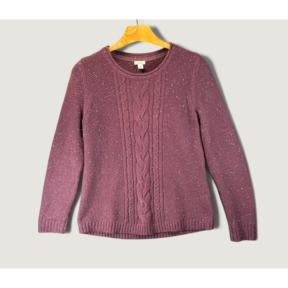 LL Bean Cable Knit Textured Sweater Womens M Purple Marl Crew Neck Coastal Cabin